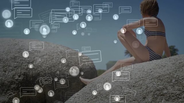 Girl sitting on rock reacting to appearing chat bubbles and profile icons for social marketing