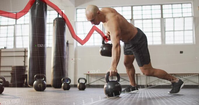 Man doing kettlebell rows for strength and balance, placing hands on bells as red graph animating