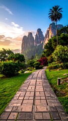 Fototapeta premium Stone pathway leading towards majestic mountain peaks under a vibrant sky