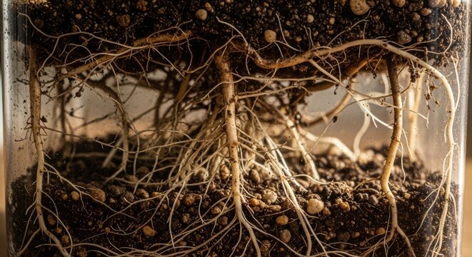 Close-up of plant roots in soil, showing intricate root system and soil composition.