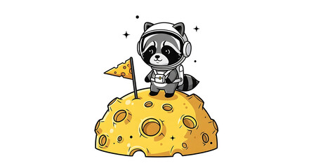 Fototapeta premium Cute Raccoon Astronaut Exploring The Moon Surface With A Cheese Flag Symbolizing Exploration And Cosmic Adventure Missions Designed For Childrens Apparel Prints And Educational School Room Decor