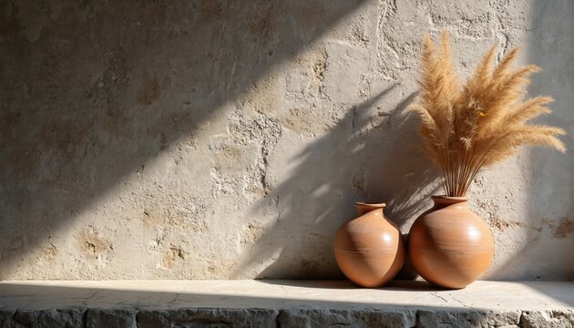Two earth tone clay pots with dry pampas grass. Textured stone wall background with dramatic light and shadow. Minimalist rustic decor setting.