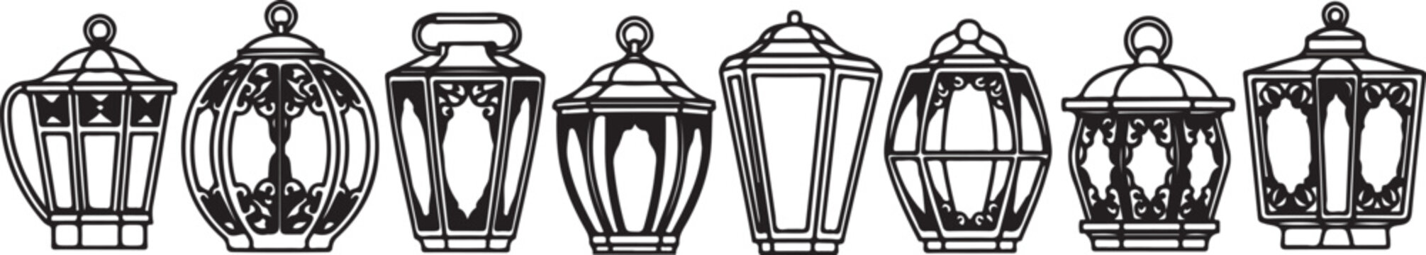 A collection of intricately designed vintage lamps with ornate details and shades Vector