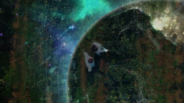 Mature couple walking toward center, arc expanding into sphere bathing them in golden tech light