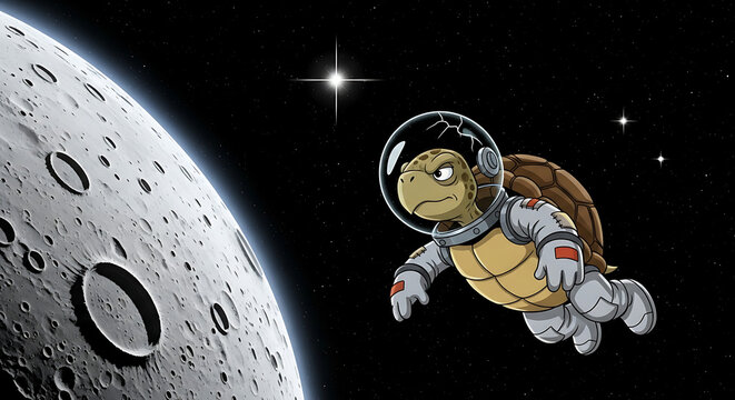A determination filled turtle wearing a pressurized space suit explores the lunar surface while drifting through the vast dark galaxy during a long journey towards unknown distant celestial