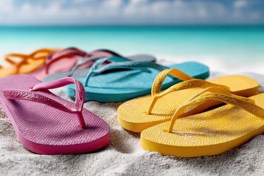 Colorful flip-flops scattered on a sandy beach with turquoise ocean water and blue sky in the background.