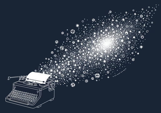 Creative Writing Concept: Vintage Typewriter with Galaxy and Stars Exploding from Paper, Minimalist Line Art Illustration