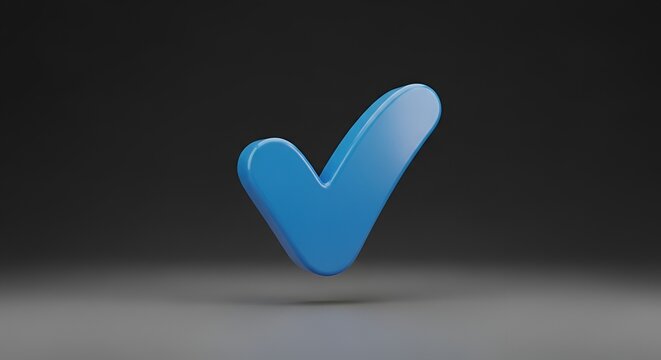 Blue check mark floating on gray background in 3D rendering for approval concept