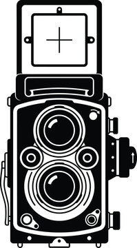 Detailed monochrome vector illustration of a classic Twin-Lens Reflex (TLR) analog camera. Great for photography branding, retro aesthetics, and creative studio designs.