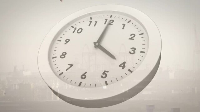 White wall clock rotating and advancing hands on play, conveying business timelapse with skyline