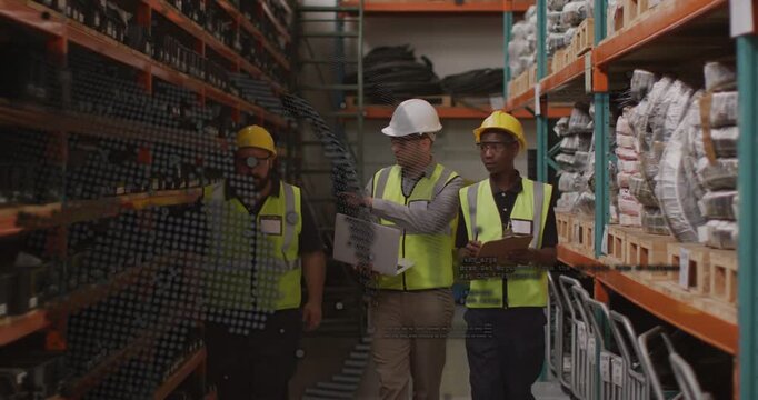 Three warehouse team walking aisle, lead using laptop, clipboard noting stock, overlay sweeping