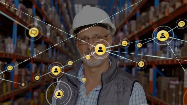 Warehouse lead glancing while yellow user icon sparking chat node network visualizing supply links