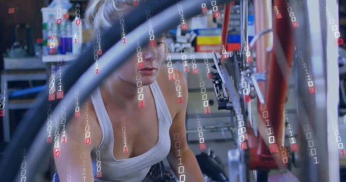 Woman mechanic grabbing wrench and adjusting gears to fix shifting, falling tech overlay