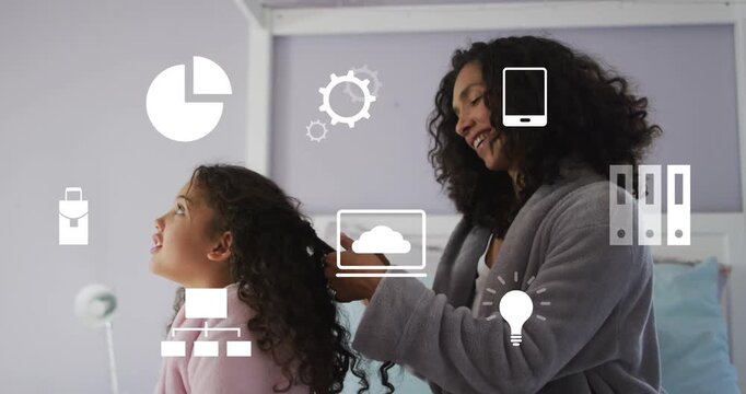 Mother reaching into child's hair on bed grooming curls as health icons floating, marking sections