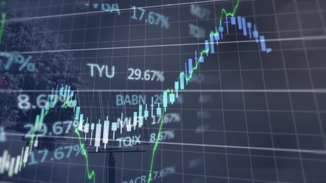 Semi-transparent market charts fading in, sweeping over solar panel and tree, showing price swings
