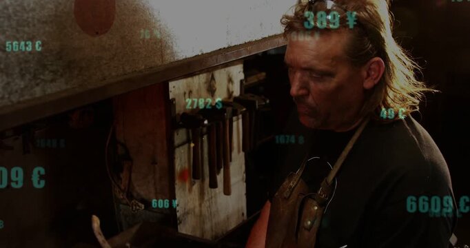 Glowing metal drawing attention teal digits drifting as smith tending hot work to ensure safe shape