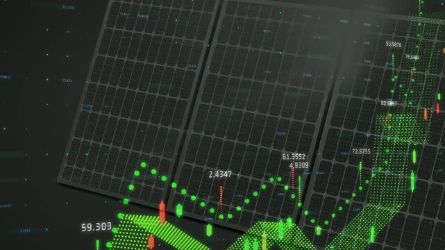 Solar panels receiving green data row, animating 3D ribbon, forming candlesticks, tracking energy