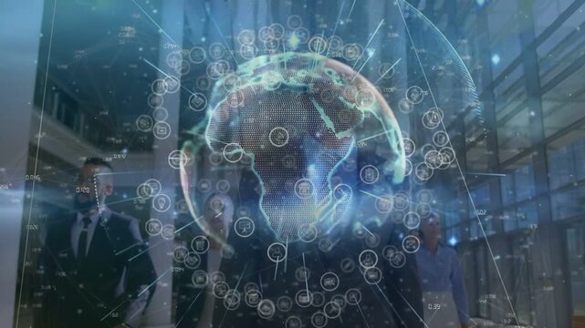 Vertical video: Globe rising, nodes pulsing, team walking atrium under holo overlay showing biz net