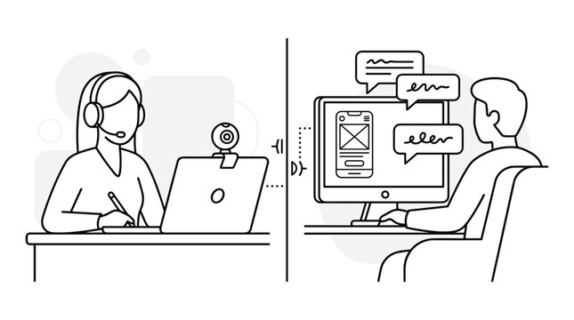 A remote usability testing session is conducted online, with a female moderator observing a male user interacting with a mobile app prototype on his computer screen.