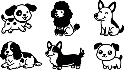 Fototapeta premium Vector line art dogs set with six cartoon puppies