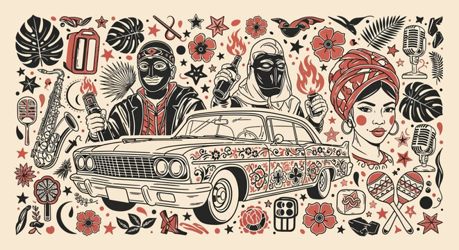 Chicano Urban Art Collage with Vintage Lowrider Car, Masked Figures, Street Style Elements, and Musical Symbols in Hand-Drawn Tattoo Flash Style