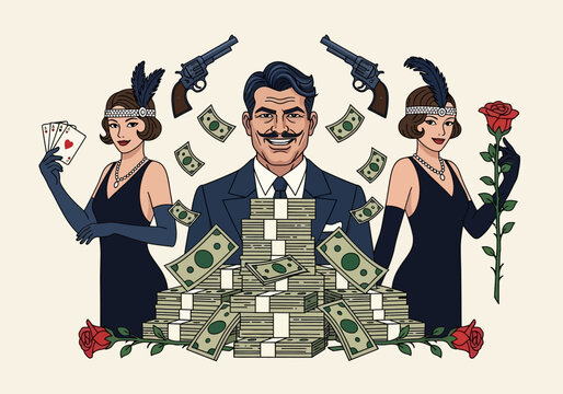 Retro Comic Book Art of Wealthy Mobster with 1920s Flapper Girls, Stacks of Cash, Pistols and Roses Symbolizing the Roaring Twenties Underworld