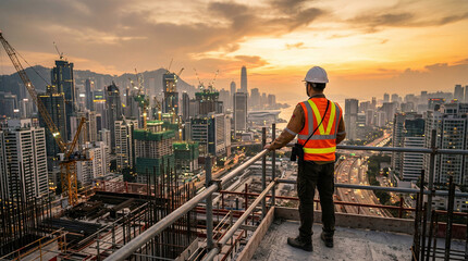 Fototapeta premium Construction worker overlooking cityscape at sunset on building site