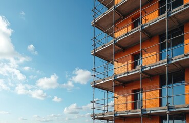 Naklejka na ściany i meble Building facade with orange brickwork and metal scaffolding. Concrete floors and windows stand against blue sky. Construction project ongoing.