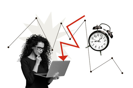 Composite artwork image photo collage of workspace office trader young lady loss money crisis work laptop think plan clock time arrow down