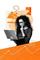 Composite trend artwork sketch image photo collage of caricature young lady stand hold work laptop...