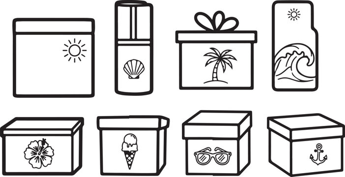 Illustrated collection of eight decorative boxes with nature-themed symbols and designs Vector