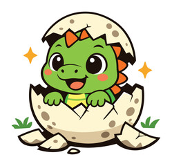Obraz premium Baby dinosaur hatching from an egg, a cute green reptile character emerging and smiling, representing new life and beginnings