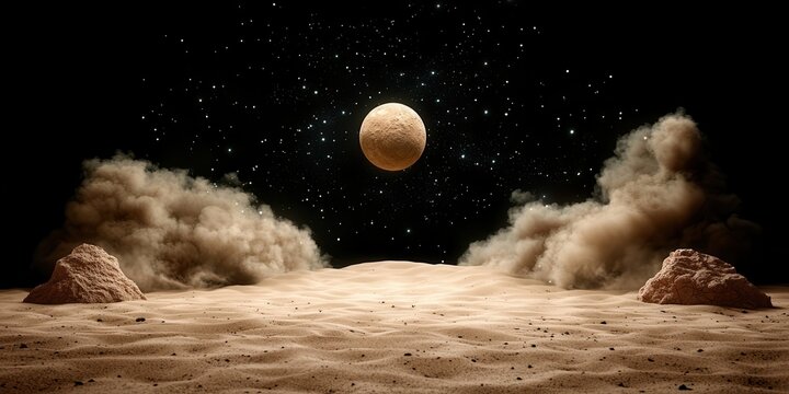 Sandy Pixel Art Landscape with Starry Sky Orb and Cloud Like Formations