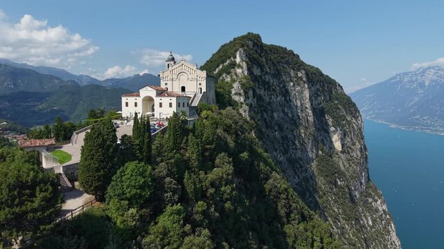 Italian religious architecture: the Montecastello Sanctuary seen from a drone on a bright sunny summer day.