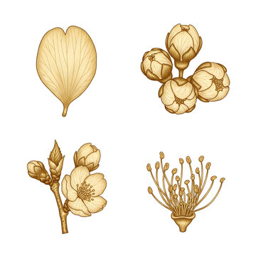 Botanical illustration of various plant parts in sepia tones.