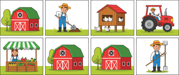 Vector illustration of farm life with barn, farmer, tractor, chicken coop and market stall © Creative Rayhan