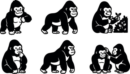Fototapeta premium Six gorillas in various poses including sitting standing and interacting