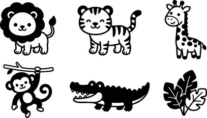 Fototapeta premium Lion tiger giraffe monkey crocodile and leaves