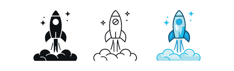 Fototapeta premium Rocket launch icon set. rocket, launch, takeoff, space, startup, liftoff, growth, innovation. line, flat and colored vector icon set.