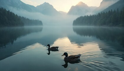 Fototapeta premium Two ducks swim on calm lake at dawn. Misty mountains rise behind pine forest. Gentle ripples spread on water surface. Peaceful nature scene unfolds.