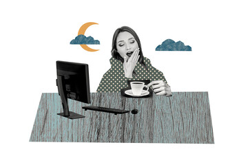 Composite photo collage of sleepy girl sit office pc monitor coffee cup drink night workaholic...