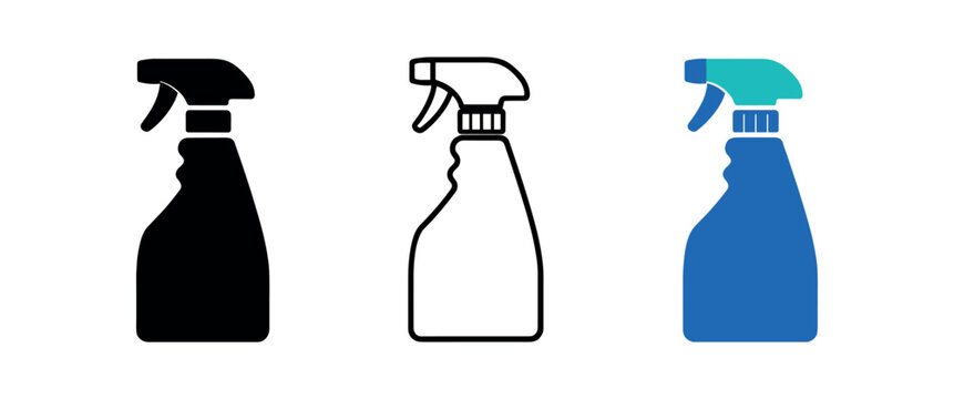 Trigger spray bottle cleaner icon set. spray bottle, trigger sprayer, cleaner, disinfectant, detergent, chemical, mist. household cleaning, surface. line, flat and colored vector icon set.