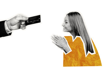 Composite photo collage of happy girl ask credit card cashless donation payment deposit bank...