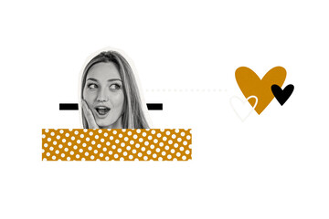 Composite photo collage of astonished girl think lobe icon heart blogging notification admire...