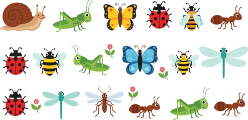 Fototapeta premium Adorable Insect Collection with Ladybugs, Ants, Bees, Butterflies, Dragonflies, and Snails for Kids, Nature, and Educational Illustration Projects