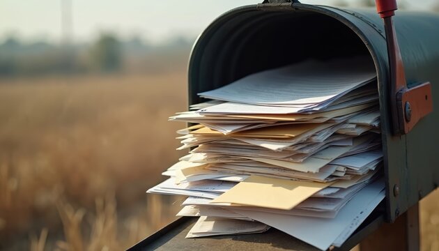 Rural mailbox overflows with letters, bills, and junk mail. Mail pile indicates neglect or busy recipient. Paperwork fills metal box in outdoor setting. Communication overload concept.