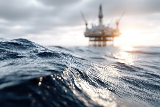 Offshore oil rig platform in the ocean with dramatic waves and a bright sunlit horizon.