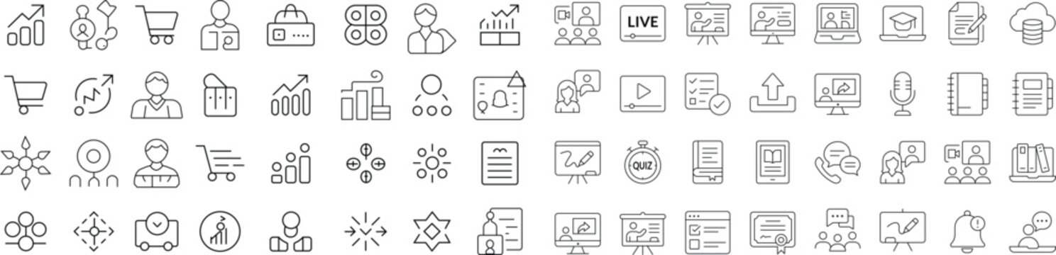 Online Education and E-Learning UI Icon Collection with Video Lectures Digital Books Graduation Student Profile Webinar Online Quiz and Virtual Classroom Symbols for Apps
