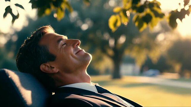 Mature businessman relaxing outdoors under a tree enjoying golden hour light for peace of mind concept and corporate wellness
