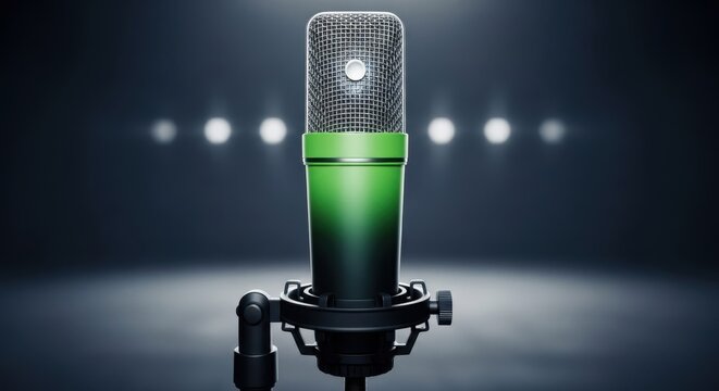 Microfone de est&uacute;dio profissional com detalhe verde em um palco escuro com luzes desfocadas ao fundo.